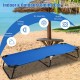Blue outdoor folding camping cot with sturdy iron frame, breathable 600D Oxford cloth, ideal for travel and hiking.