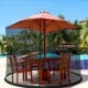 Outdoor umbrella table screen netting for 9-10 ft umbrellas, featuring zippered entrance and adjustable drawstring.