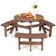 Round wooden picnic table set with benches, made of fir wood, seats 6, features an umbrella hole for outdoor use.