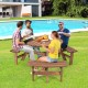 Wooden picnic table set for 6 with benches, featuring an umbrella hole, ideal for outdoor gatherings and patios.