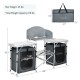 Folding camping table with storage organizer, gray, featuring two side tables and a large heat-resistant countertop.