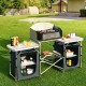 Folding camping table with storage organizer, featuring a large heat-resistant countertop and side tables for outdoor.