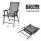 Gray folding patio chair with steel frame, 330 lbs capacity, ideal for outdoor camping and gatherings, shown in.