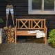 2-person wood outdoor bench with cozy armrests, slatted seat design, and attractive backrest patterns for patio use.