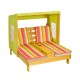 Kids patio lounge chair with awning, multicolor cushions, cup holders, perfect for backyard relaxation and play.