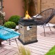 Outdoor propane burning fire bowl column with stacked stone look, 40,000 BTU, ideal for courtyard or patio gatherings.