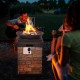 Outdoor propane burning fire bowl column with stacked stone look, providing 40,000 BTU heat for cozy gatherings.