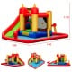 Inflatable water slide bounce house with climbing wall, splash pool, and water cannon for summer fun and safety.