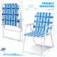 Folding beach chair in blue with reinforced steel frame, showcasing dimensions for easy transport and storage.