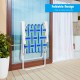 Folding beach chair with blue webbing, featuring a portable design for easy storage and transport. Ideal for outdoor.