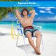 Folding beach chair in blue with ergonomic design, featuring a sturdy steel frame for comfort and portability.
