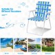Folding beach chair in blue webbing with steel frame, perfect for camping and outdoor activities.