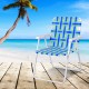 Folding beach chair in blue webbing with a solid steel frame, perfect for camping and outdoor relaxation.