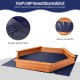Hexagon wooden cedar sand box with seat boards, featuring a durable ground liner for drainage and sand upkeep.