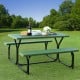 Green picnic table bench set made of HDPE with a sturdy metal frame, perfect for outdoor camping and gatherings.
