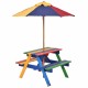 Multicolor kids picnic table with two benches for four seats, made of eco-friendly fir wood, perfect for outdoor fun.