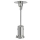 Stainless steel garden propane standing heater with wheels, designed for outdoor patios and decks, providing warmth.