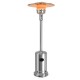 Stainless steel garden propane standing heater with wheels, designed for outdoor patio warmth and safety features.