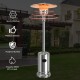 Stainless steel garden propane heater with wheels, providing 48,000 BTU of heat for outdoor patios and decks.