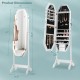Freestanding white jewelry cabinet armoire with LED mirror, lockable door, and ample storage for jewelry and makeup.