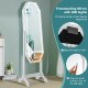 Freestanding jewelry cabinet with LED light mirror, lockable design, and spacious storage for makeup and jewelry.