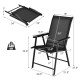 Folding patio chair set with ergonomic armrests, black metal frame, and dimensions for indoor/outdoor use.