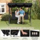 Three-seat patio canopy swing in black with padded cushions, perfect for outdoor relaxation in garden or yard.