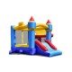 Castle Slide inflatable bounce house in blue and yellow with ball pit, basketball hoop, and safety mesh walls for kids.