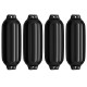 Set of four black ribbed marine boat fenders, 8.5" x 27", UV resistant with reinforced rope holes for docking.