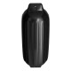 Black 8.5" x 27" ribbed boat fender made of UV-resistant marine vinyl for durable protection at the dock.