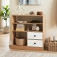 Open storage cabinet showcasing spacious countertop and large compartment, perfect for books and decor organization.