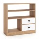 Open storage cabinet in natural wood finish with 3 open compartments and 2 white drawers, ideal for organizing any room.