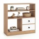Open storage cabinet in natural wood finish featuring 3 open compartments and 2 white drawers for versatile.