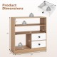 Open storage cabinet with dimensions, featuring 3 open compartments and 2 pull-out fabric drawers for versatile.