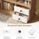 Detachable fabric drawers with round handles in a natural wood storage cabinet, ideal for organizing books and decor.