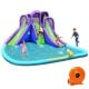 Inflatable water park with a tall slide, splashing pool, and water cannon for kids' summer fun in the backyard.