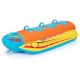 Inflatable banana boat for three with EVA-padded seats, handles, and puncture-resistant PVC, ideal for water sports.