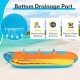 3-person inflatable banana boat with EVA-padded seats, handles, and bottom drainage port for reduced water resistance.