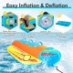 3-person inflatable banana boat with EVA-padded seats, handles, and easy inflation for fun water activities.