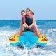 Three riders on a 3-person inflatable banana boat with EVA-padded seats, designed for fun and safety on the water.
