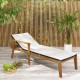 Outdoor chaise lounge chair with armrests, solid acacia wood frame, and PE rattan, perfect for poolside relaxation.