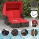 Outdoor patio rattan daybed with retractable canopy, red cushions, and adjustable backrests for backyard relaxation.