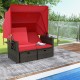 Outdoor patio rattan daybed with retractable canopy and adjustable backrests in red, perfect for poolside relaxation.
