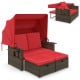 Outdoor patio rattan daybed with red cushions and retractable canopy, featuring adjustable backrests for comfort.