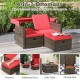Outdoor patio rattan daybed with red cushions, featuring adjustable backrests and 4-in-1 ottomans for versatile use.