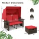 Outdoor patio rattan daybed with retractable canopy, adjustable backrests, and ottoman for versatile outdoor comfort.