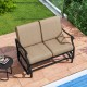 Outdoor 2-person glider rocking loveseat with thick brown cushions and metal frame, perfect for patio relaxation.