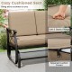 Cozy cushioned seat of the outdoor 2-person glider rocking chair loveseat with zippered covers and metal frame.