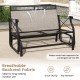 Outdoor 2-person glider rocking chair loveseat with breathable backrest fabric and thick cushions for patio relaxation.