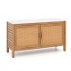 Outdoor acacia wood storage cabinet with faux marble top, featuring rattan doors and spacious shelves for versatile use.